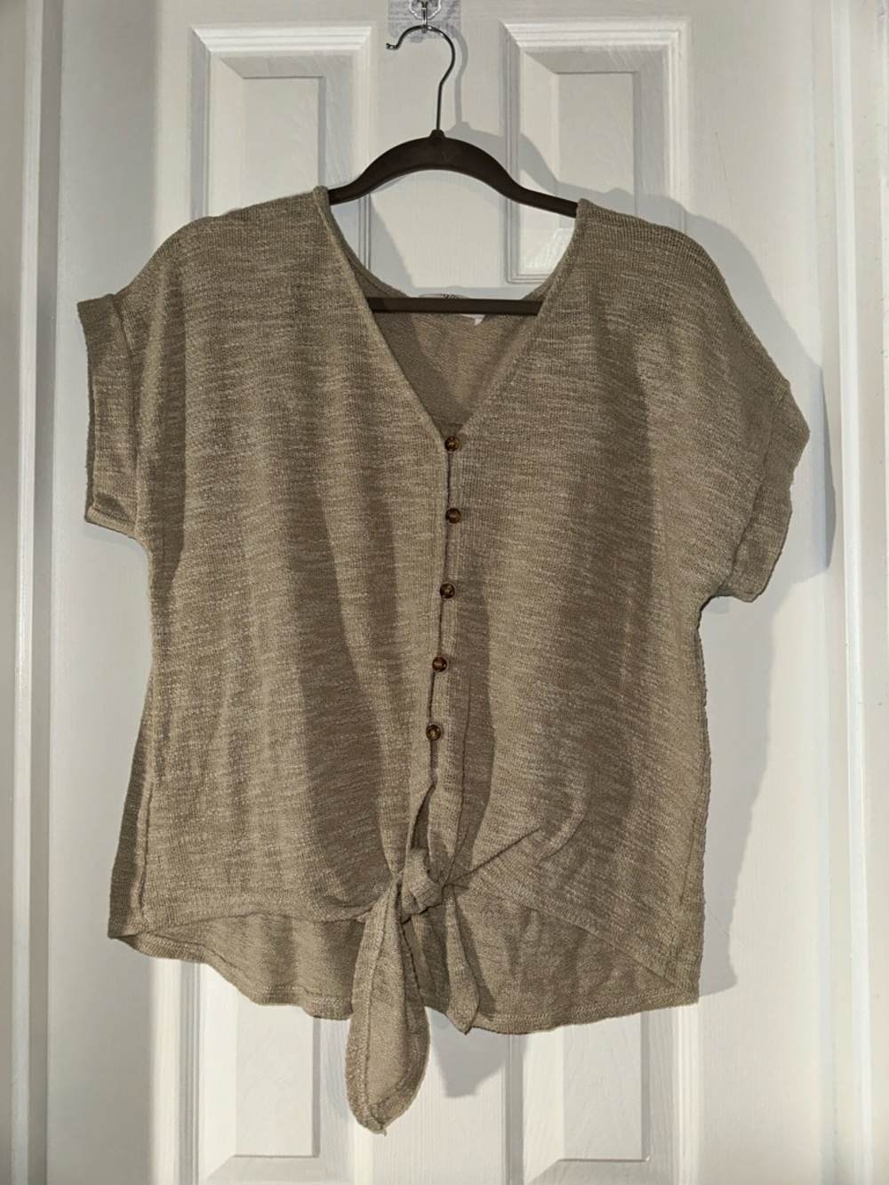 Kaileigh Tie-Front V-Neck Short Sleeve Blouse in Beige